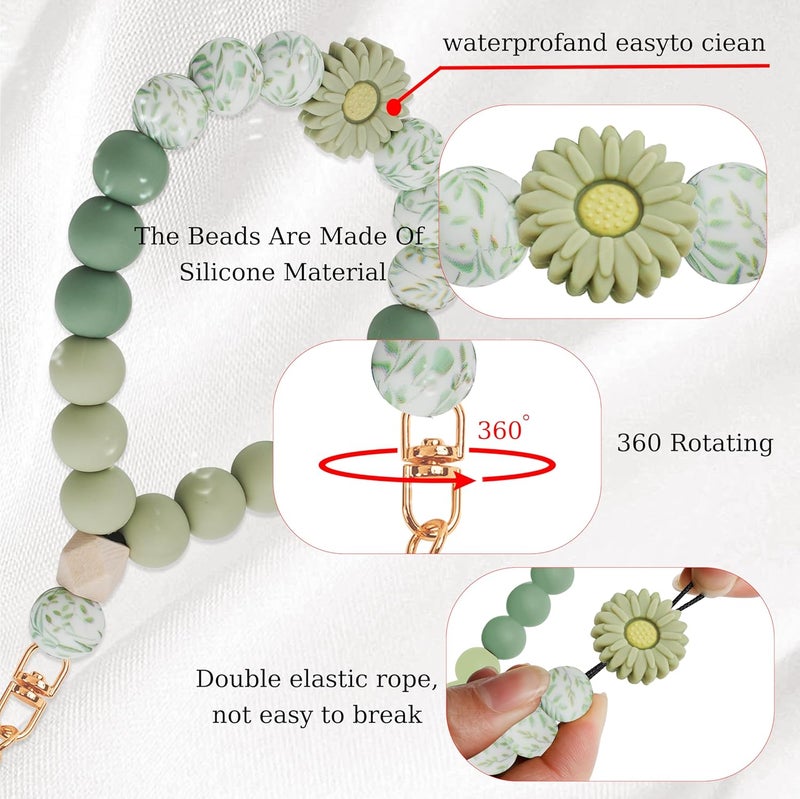 Lostars Store Silicone Beaded Phone Wrist Strap,Phone Bracelet Strap with Tether Tab,Elastic Hands-Free Wristlet Strap (Green Daisy) - Image 3